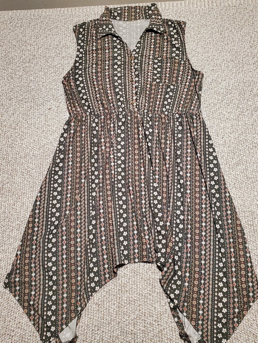 No Boundaries Olive Black Floral Striped Asymmetrical Hem Dress
